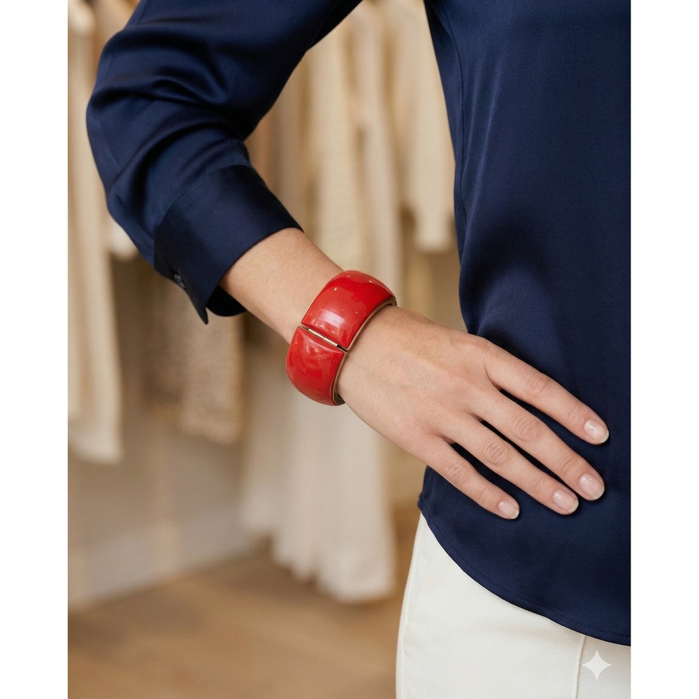 Red Enamel Hinged Cuff Bracelet Gold Tone Wide Dome Bangle Statement Jewelry